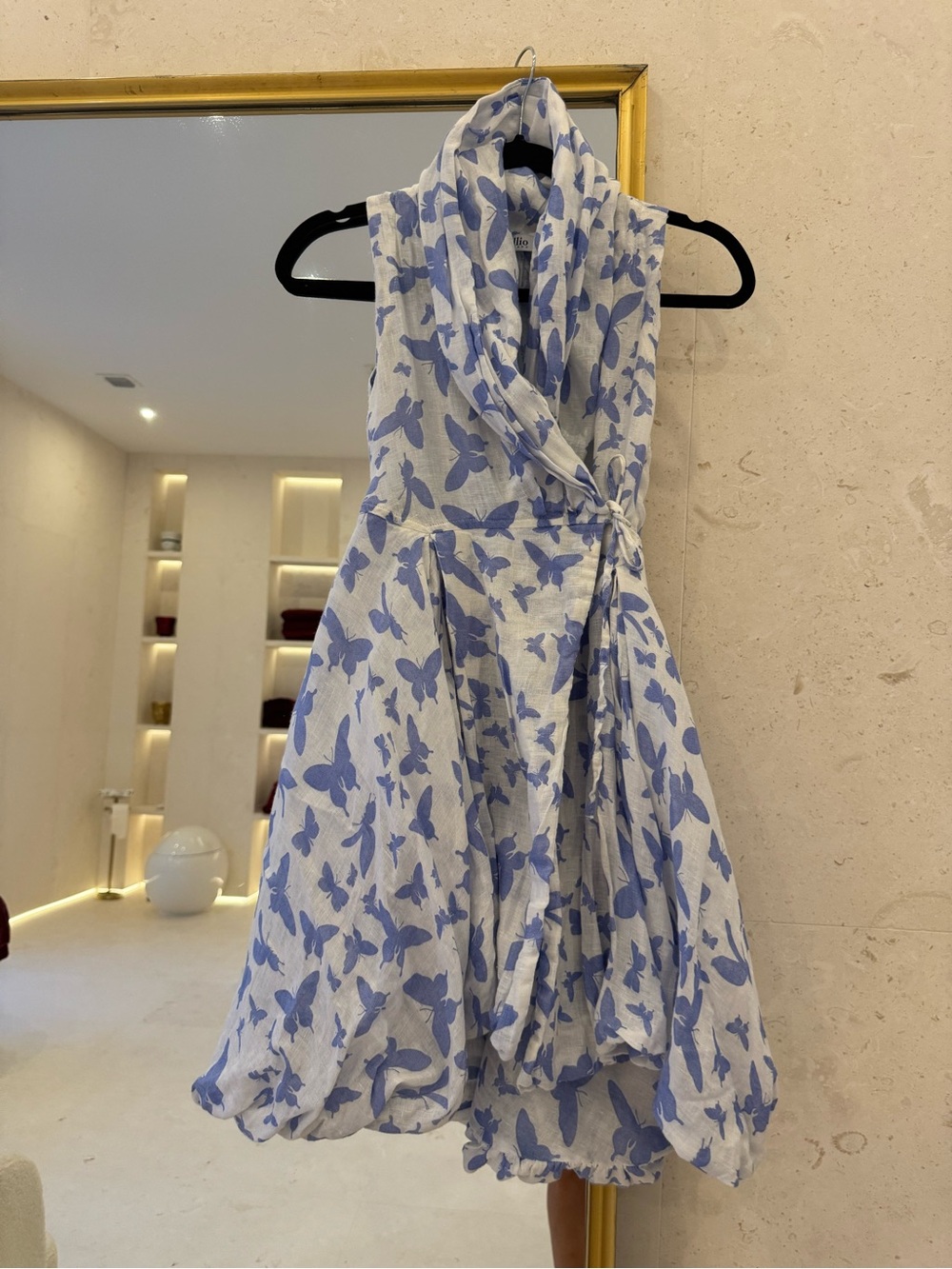 One-Shoulder Blue Butterfly Print Wrap Dress